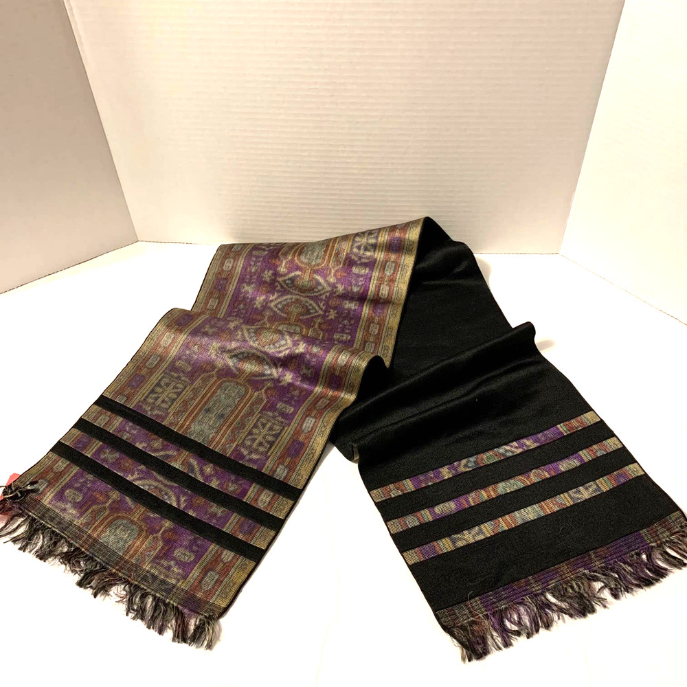 Pashmina Vintage Wool Scarf Purple and Black 19.5" Rare Wool